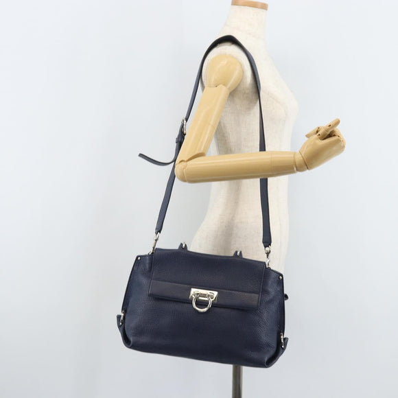 Salvatore Ferragamo Gancini Hand Bag Leather 2way Navy Silver Auth AMZ562A
