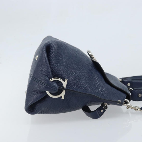 Salvatore Ferragamo Gancini Hand Bag Leather 2way Navy Silver Auth AMZ562A