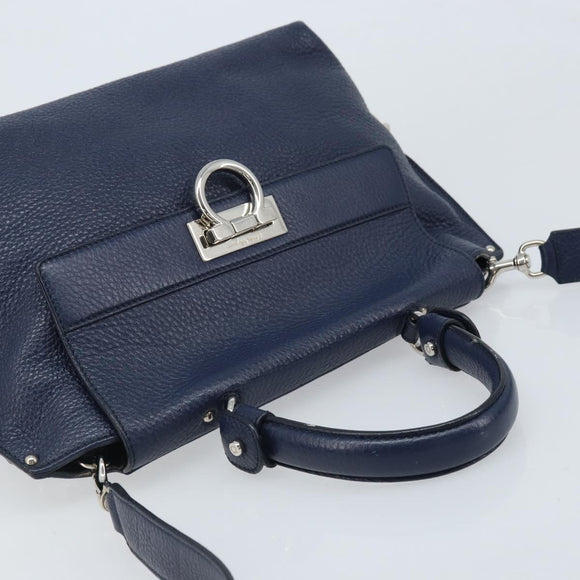 Salvatore Ferragamo Gancini Hand Bag Leather 2way Navy Silver Auth AMZ562A