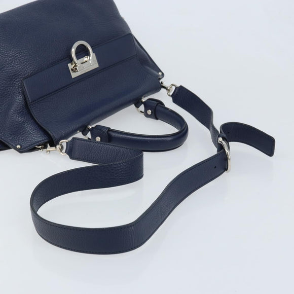 Salvatore Ferragamo Gancini Hand Bag Leather 2way Navy Silver Auth AMZ562A