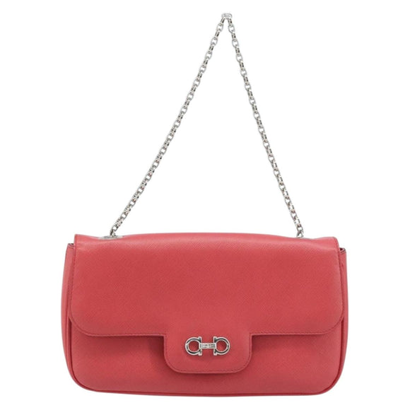 Salvatore Ferragamo Gancini Chain Shoulder Bag Leather Pink Silver Auth AMZ563A