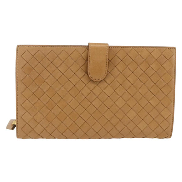 BOTTEGA VENETA INTRECCIATO Long Wallet Leather Beige Auth AMZ568A