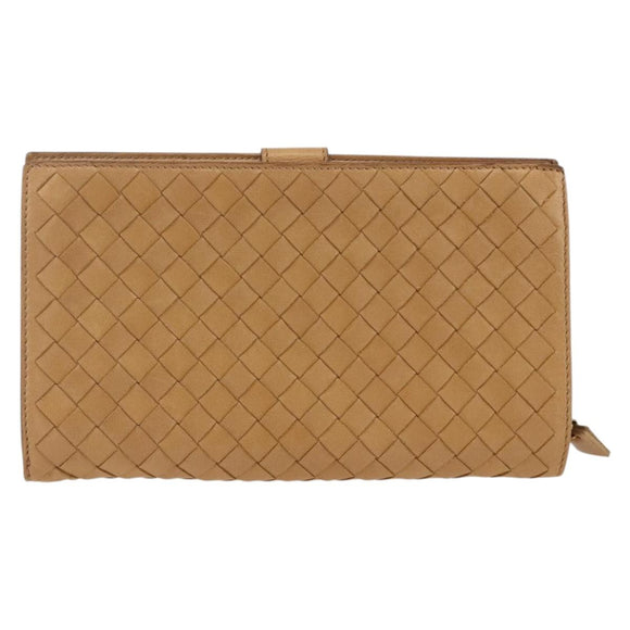 BOTTEGA VENETA INTRECCIATO Long Wallet Leather Beige Auth AMZ568A