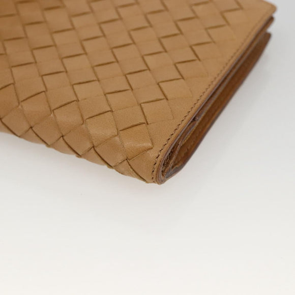 BOTTEGA VENETA INTRECCIATO Long Wallet Leather Beige Auth AMZ568A