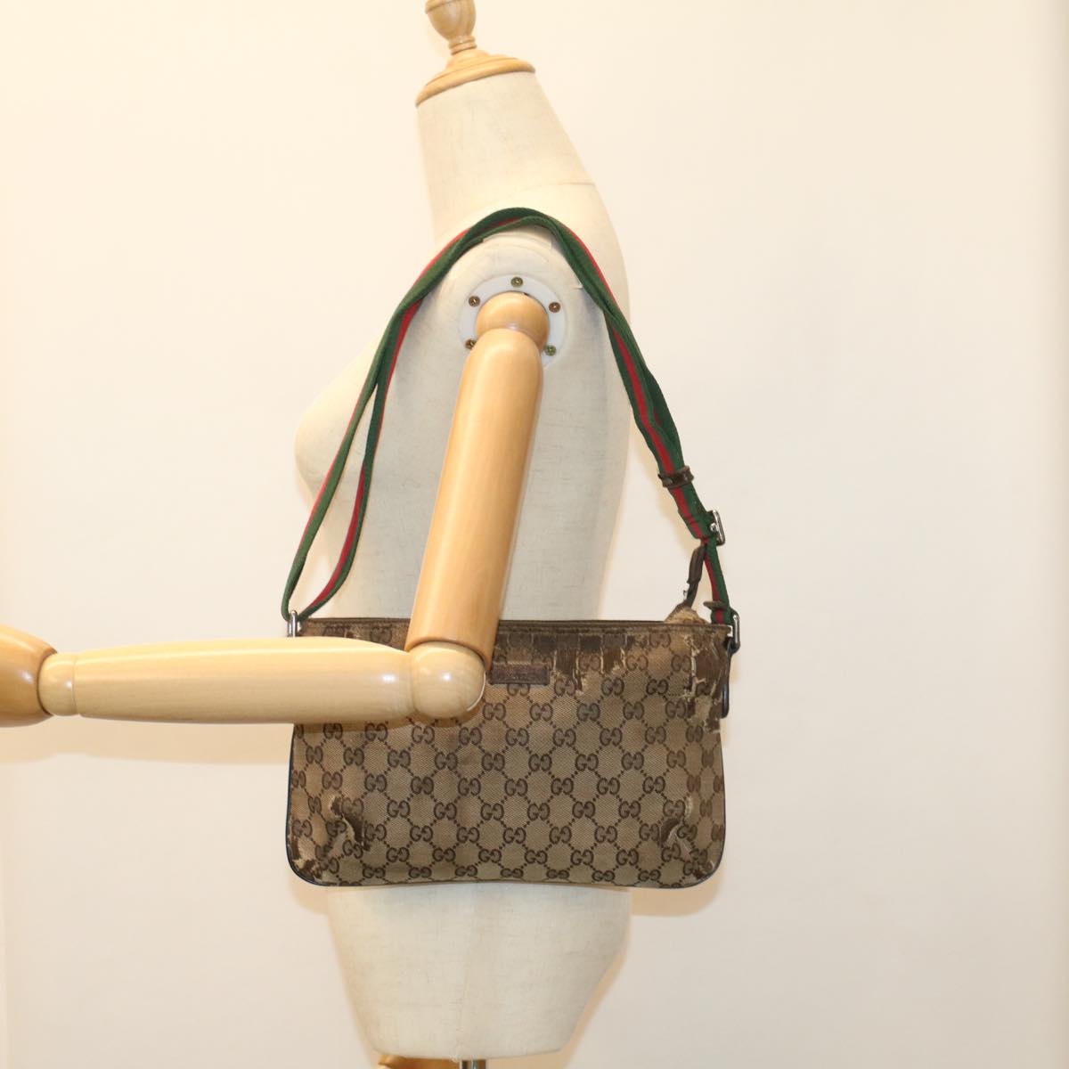 GUCCI GG Canvas Web Sherry Line Shoulder Bag Beige Red Green 189749 Auth ar10203