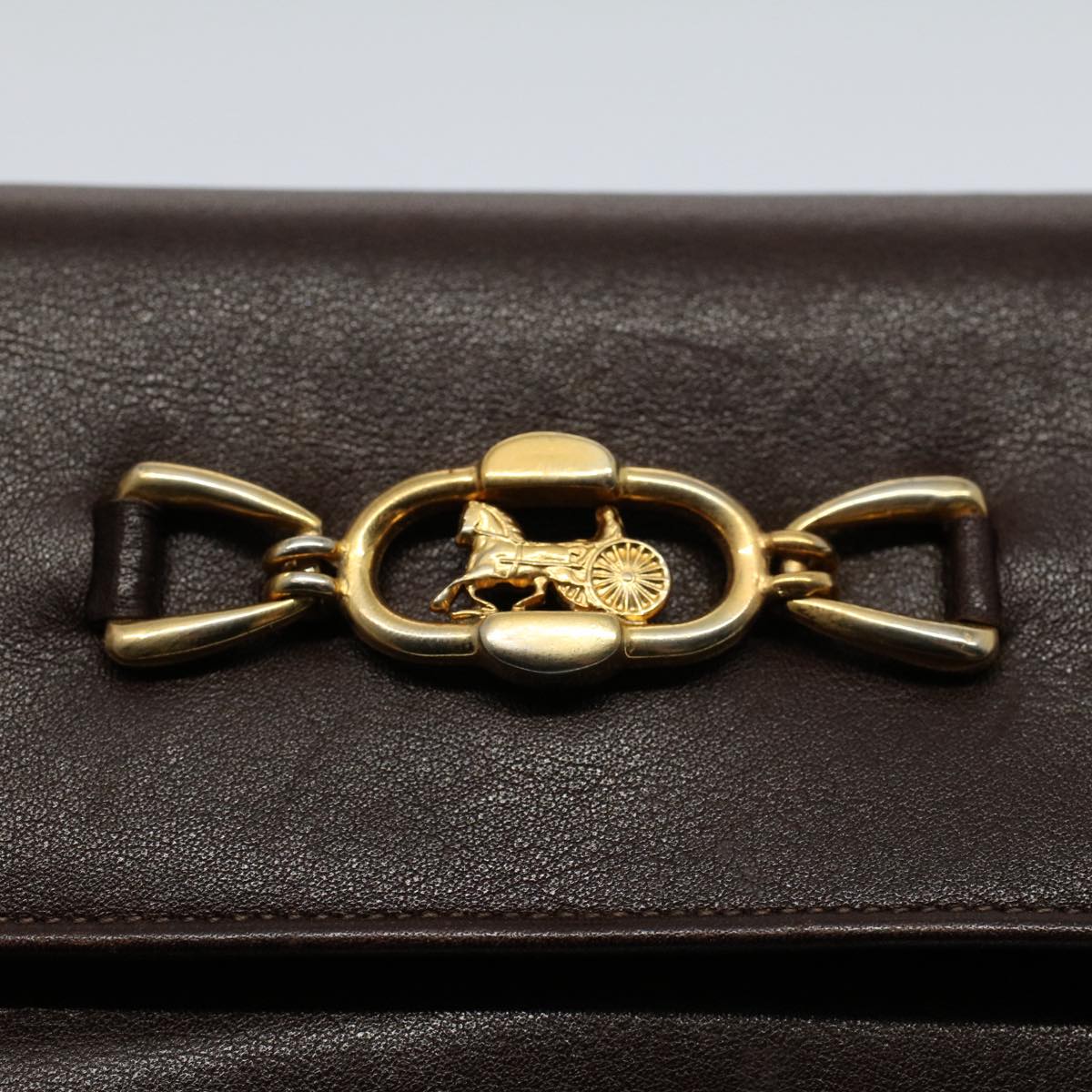 CELINE Horse Carriage Chain Wallet Leather Brown Auth ar10223