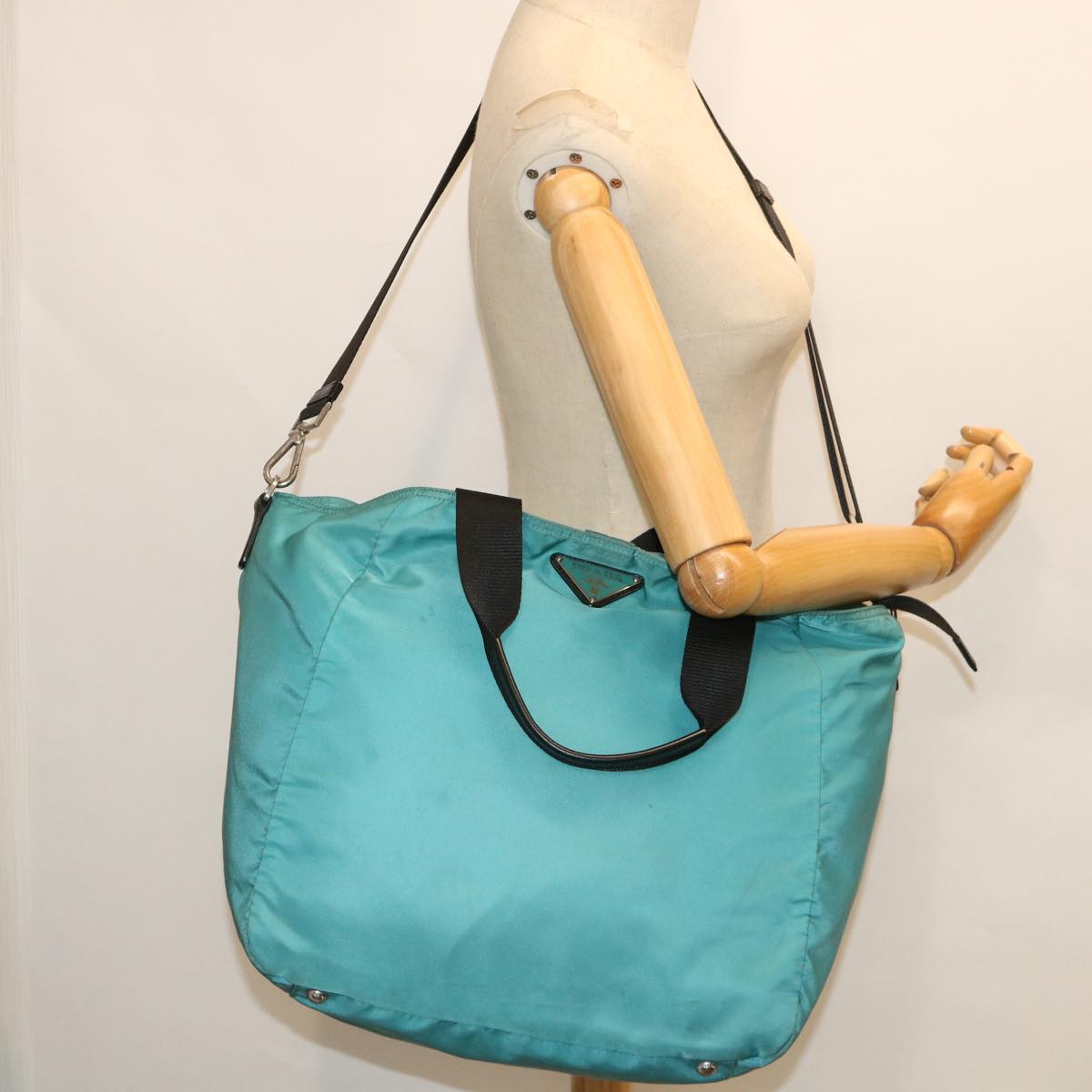 PRADA Tote Bag Nylon 2way Turquoise Blue Auth ar10233