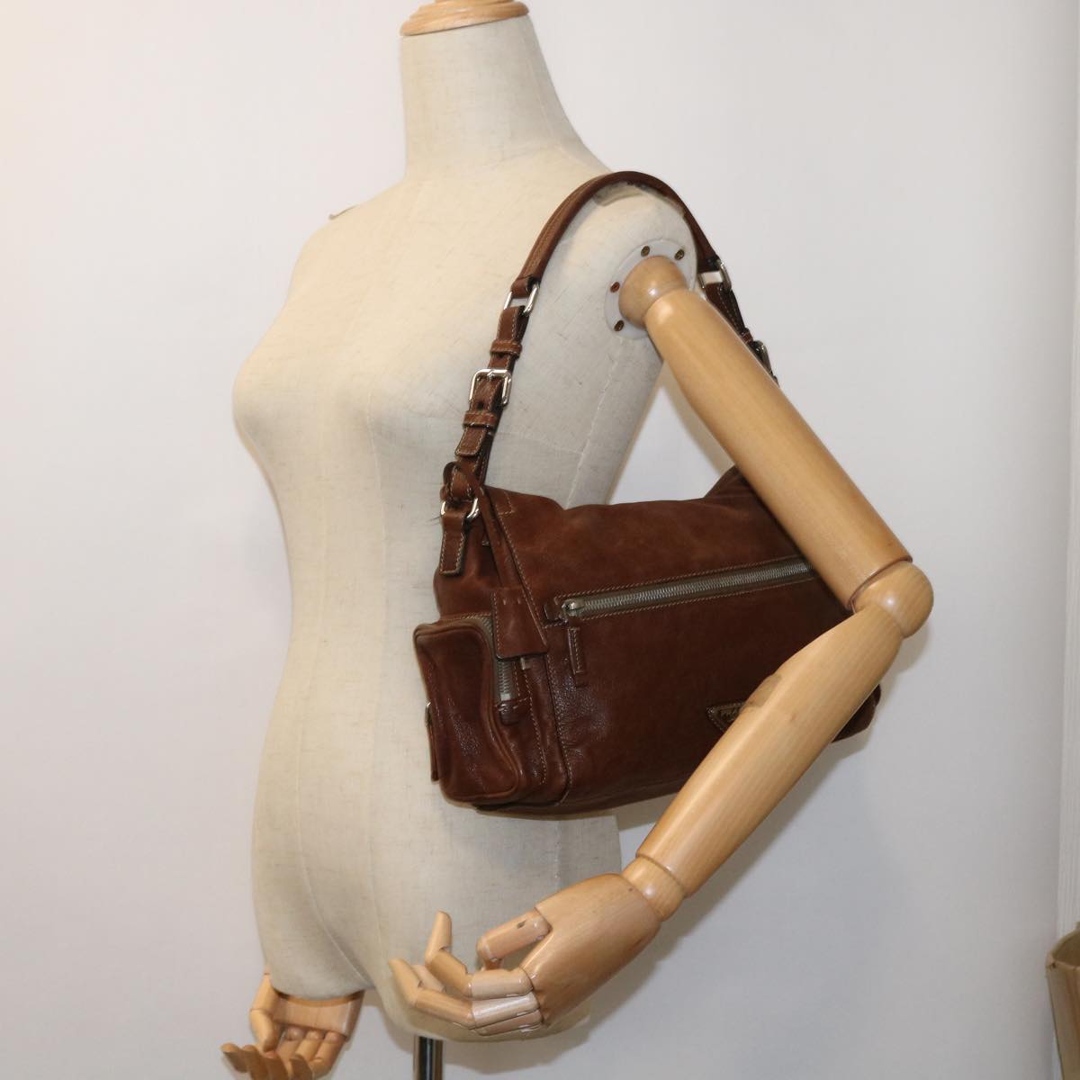 PRADA Shoulder Bag Leather Brown Auth ar10240