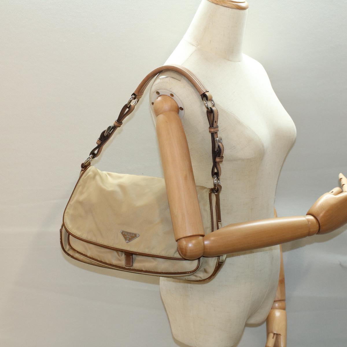 PRADA Shoulder Bag Nylon Beige Auth ar10268