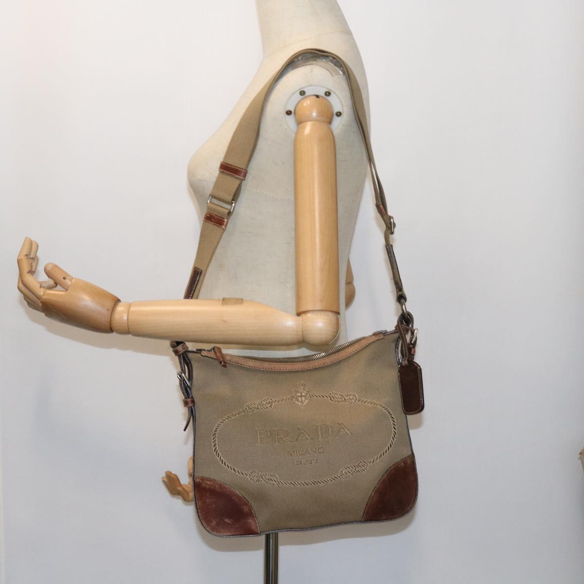 PRADA Shoulder Bag Canvas Beige Auth ar10331