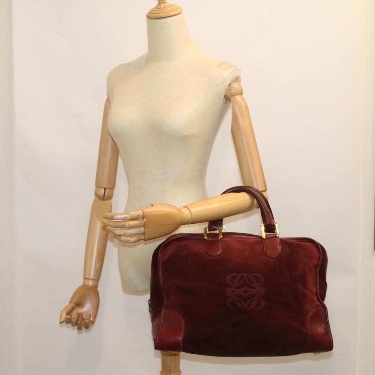 LOEWE Anagram Boston Bag Suede Leather Wine Red Auth ar10413