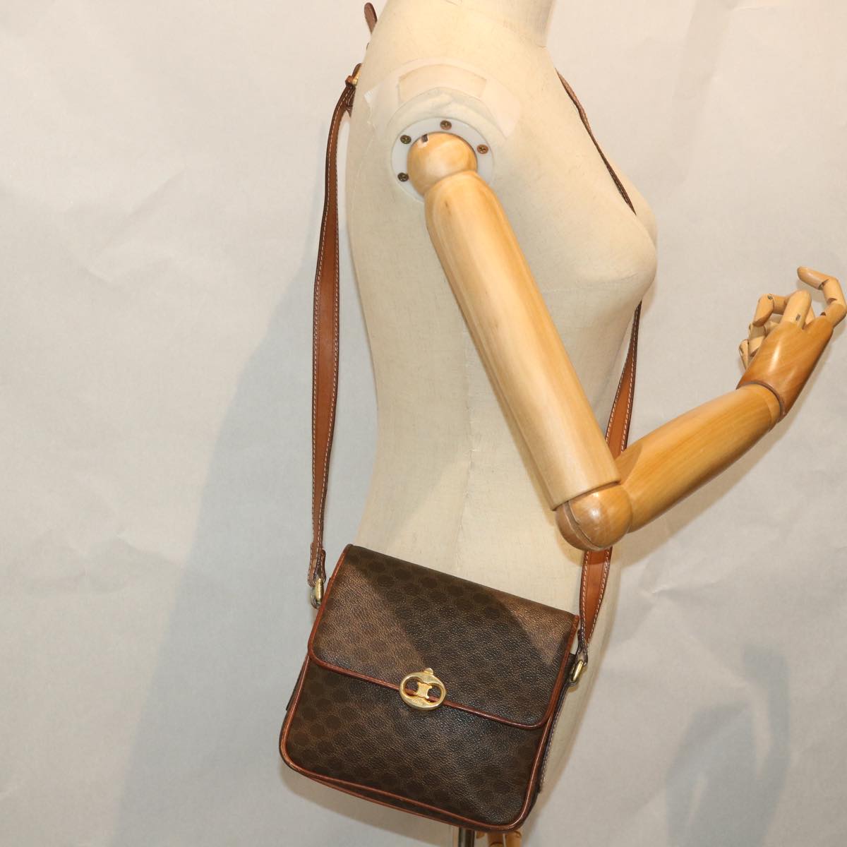 CELINE Macadam Canvas Shoulder Bag PVC Leather Brown Auth ar10469