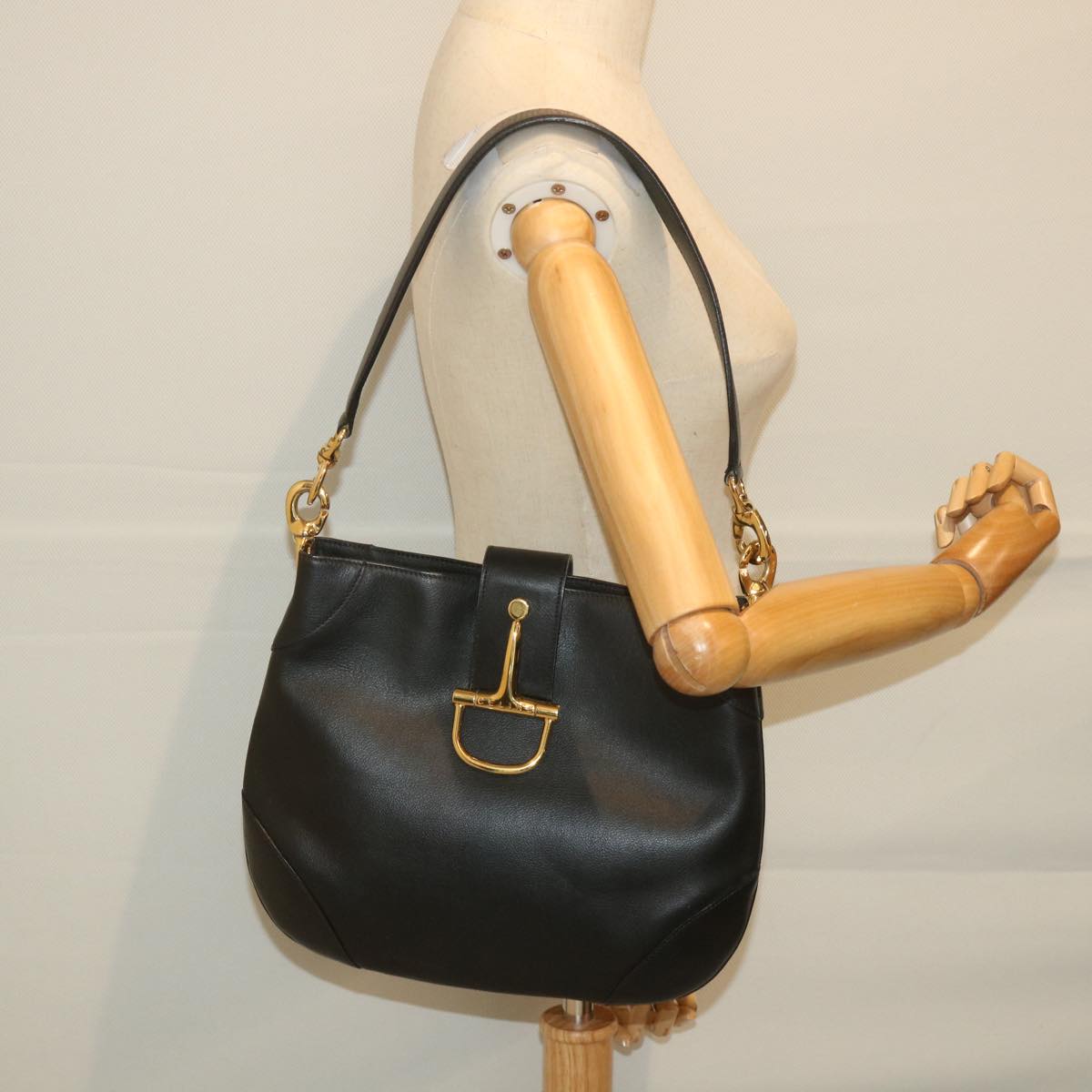 CELINE Shoulder Bag Leather Black Auth ar10477