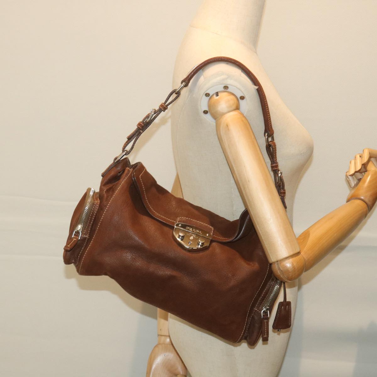 PRADA Shoulder Bag Leather Brown Auth ar10724