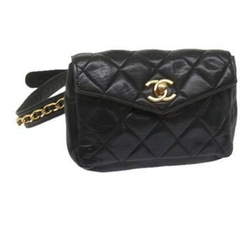 CHANEL Matelasse Turn Lock Chain Waist bag Lamb Skin Black CC Auth ar11054