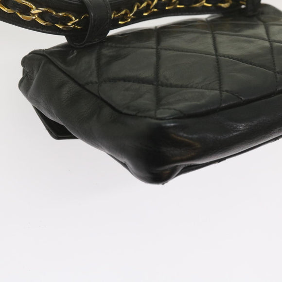 CHANEL Matelasse Turn Lock Chain Waist bag Lamb Skin Black CC Auth ar11054