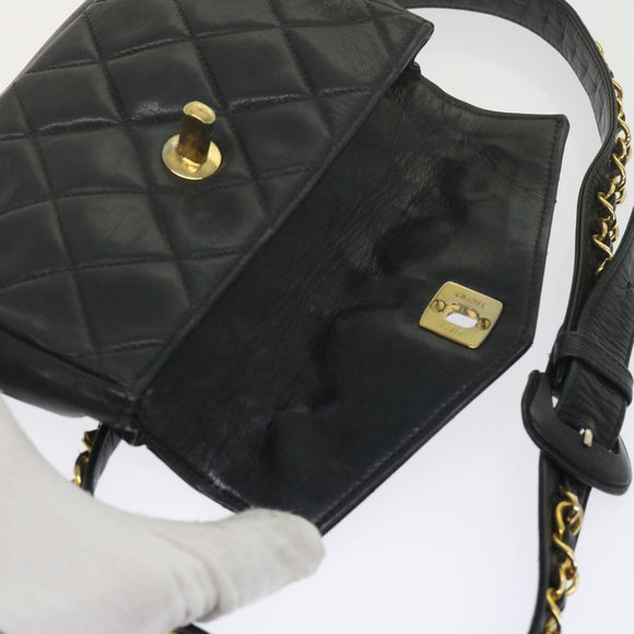 CHANEL Matelasse Turn Lock Chain Waist bag Lamb Skin Black CC Auth ar11054