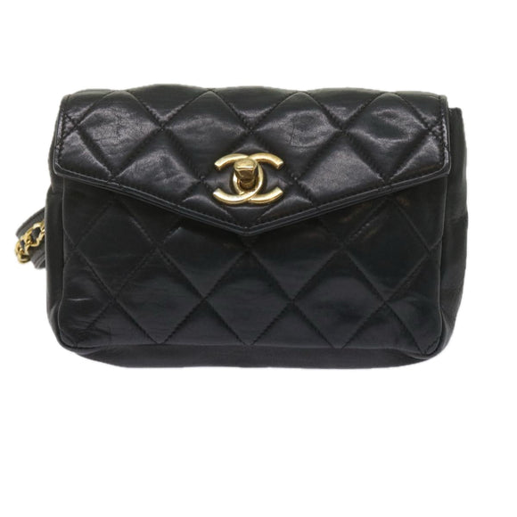 CHANEL Matelasse Turn Lock Chain Waist bag Lamb Skin Black CC Auth ar11054