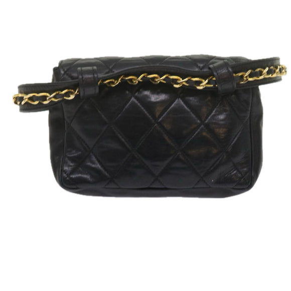 CHANEL Matelasse Turn Lock Chain Waist bag Lamb Skin Black CC Auth ar11054