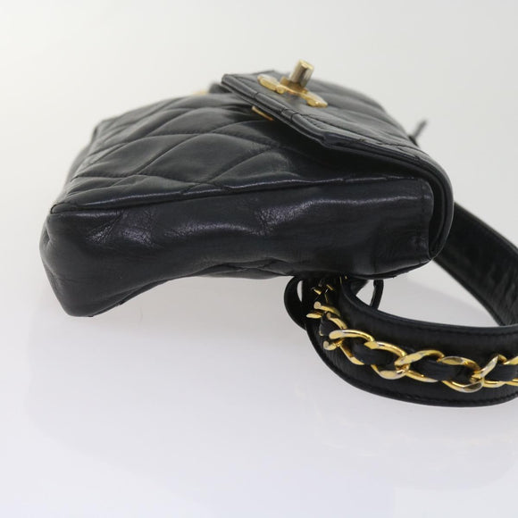 CHANEL Matelasse Turn Lock Chain Waist bag Lamb Skin Black CC Auth ar11054