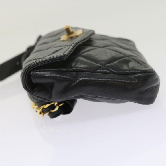 CHANEL Matelasse Turn Lock Chain Waist bag Lamb Skin Black CC Auth ar11054