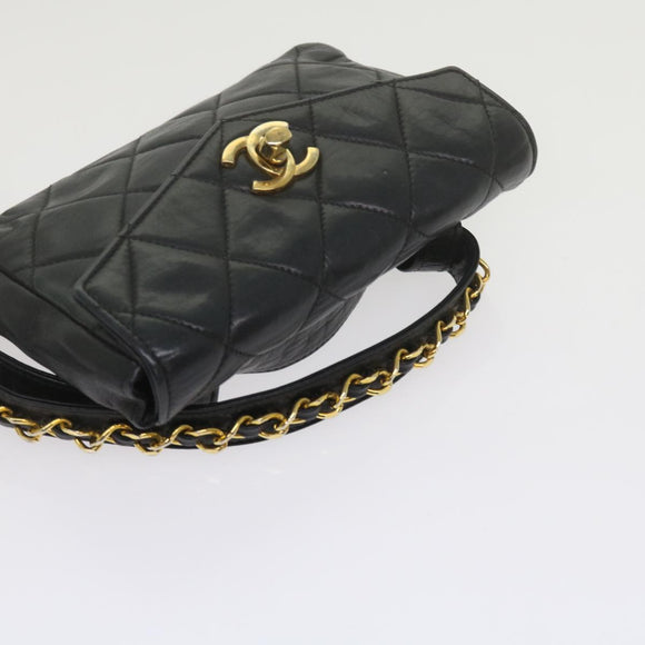 CHANEL Matelasse Turn Lock Chain Waist bag Lamb Skin Black CC Auth ar11054