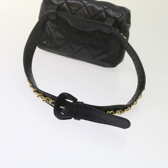 CHANEL Matelasse Turn Lock Chain Waist bag Lamb Skin Black CC Auth ar11054