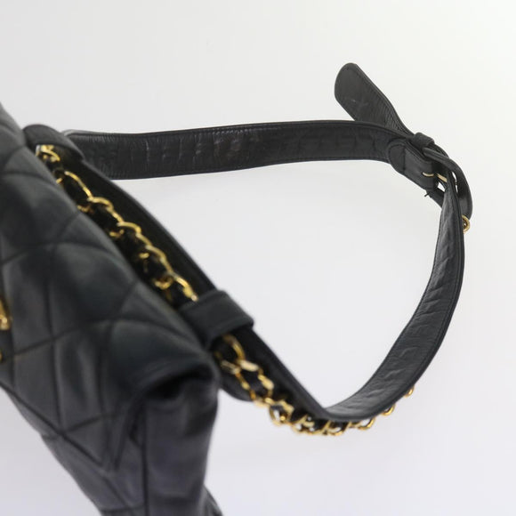 CHANEL Matelasse Turn Lock Chain Waist bag Lamb Skin Black CC Auth ar11054