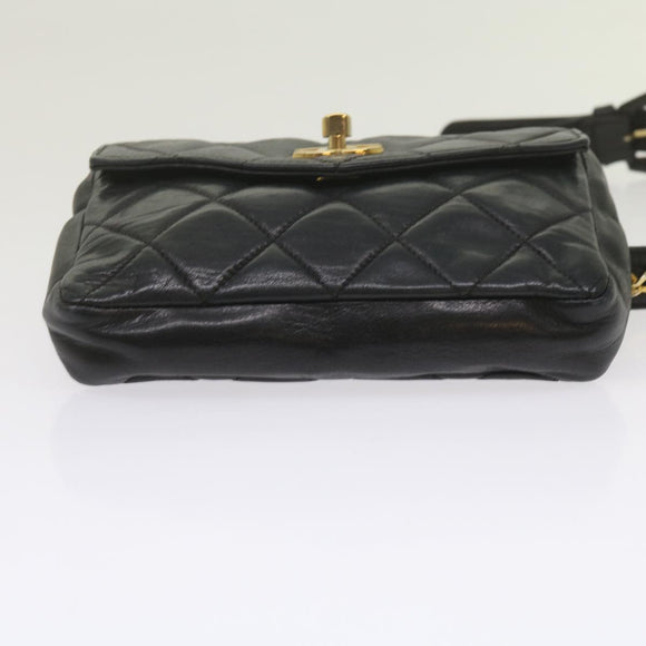 CHANEL Matelasse Turn Lock Chain Waist bag Lamb Skin Black CC Auth ar11054