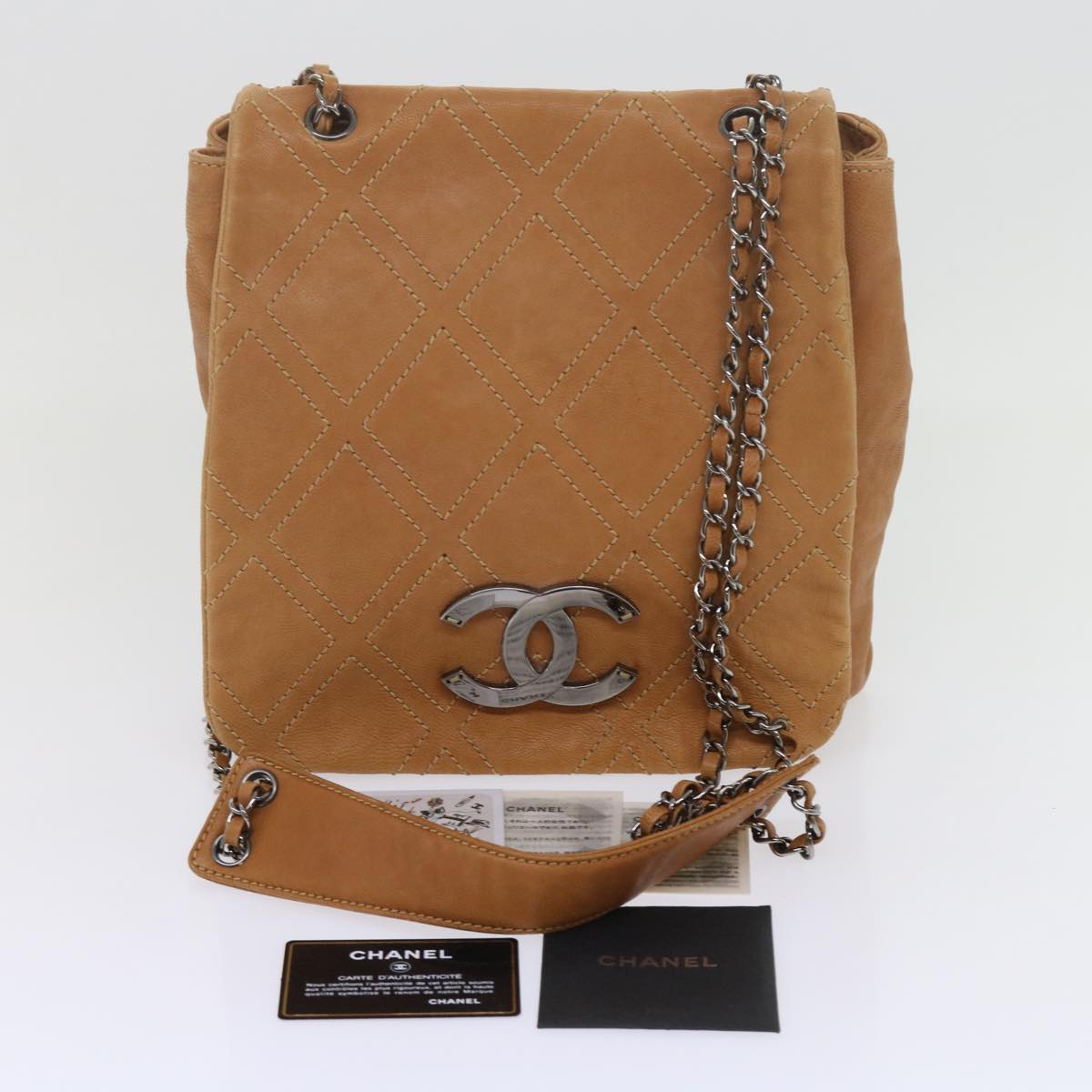 CHANEL Wild Stitch Chain Shoulder Bag Leather Brown CC Auth ar11059