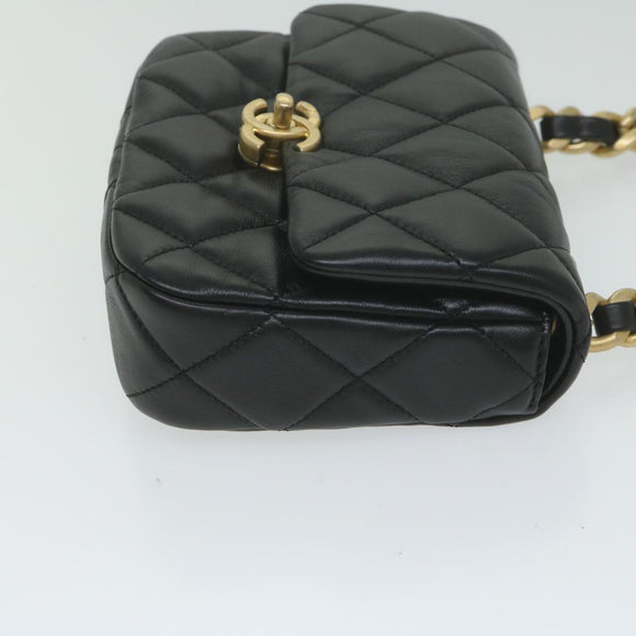 CHANEL Matelasse Turn Lock Chain Shoulder Bag Lamb Skin Black CC Auth ar11105AM