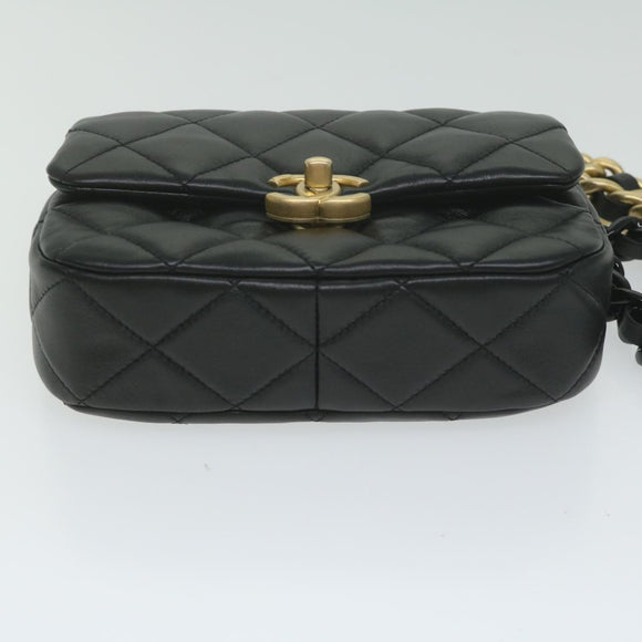 CHANEL Matelasse Turn Lock Chain Shoulder Bag Lamb Skin Black CC Auth ar11105AM