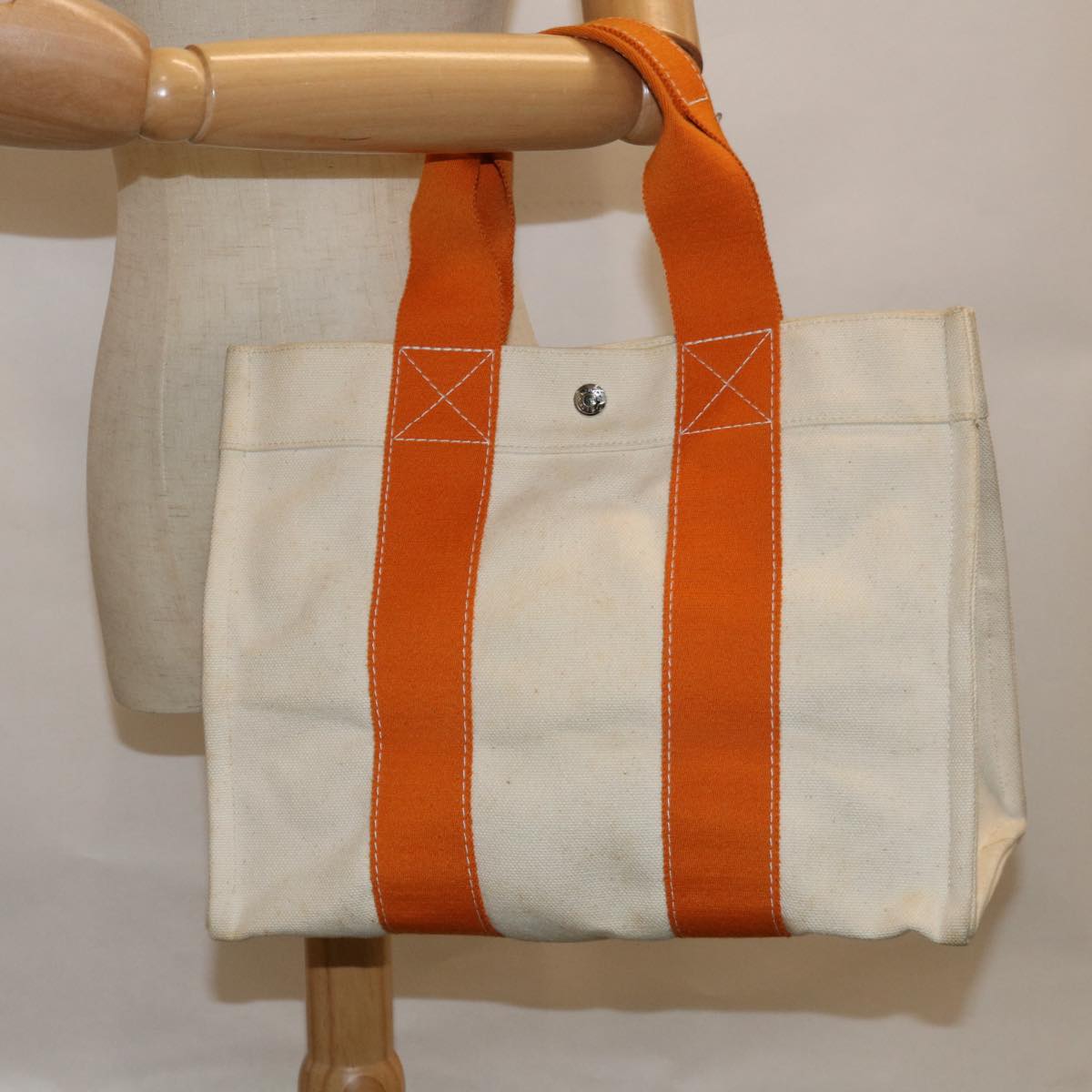 HERMES Bora Bora PM Tote Bag Canvas Orange White Auth ar11157B
