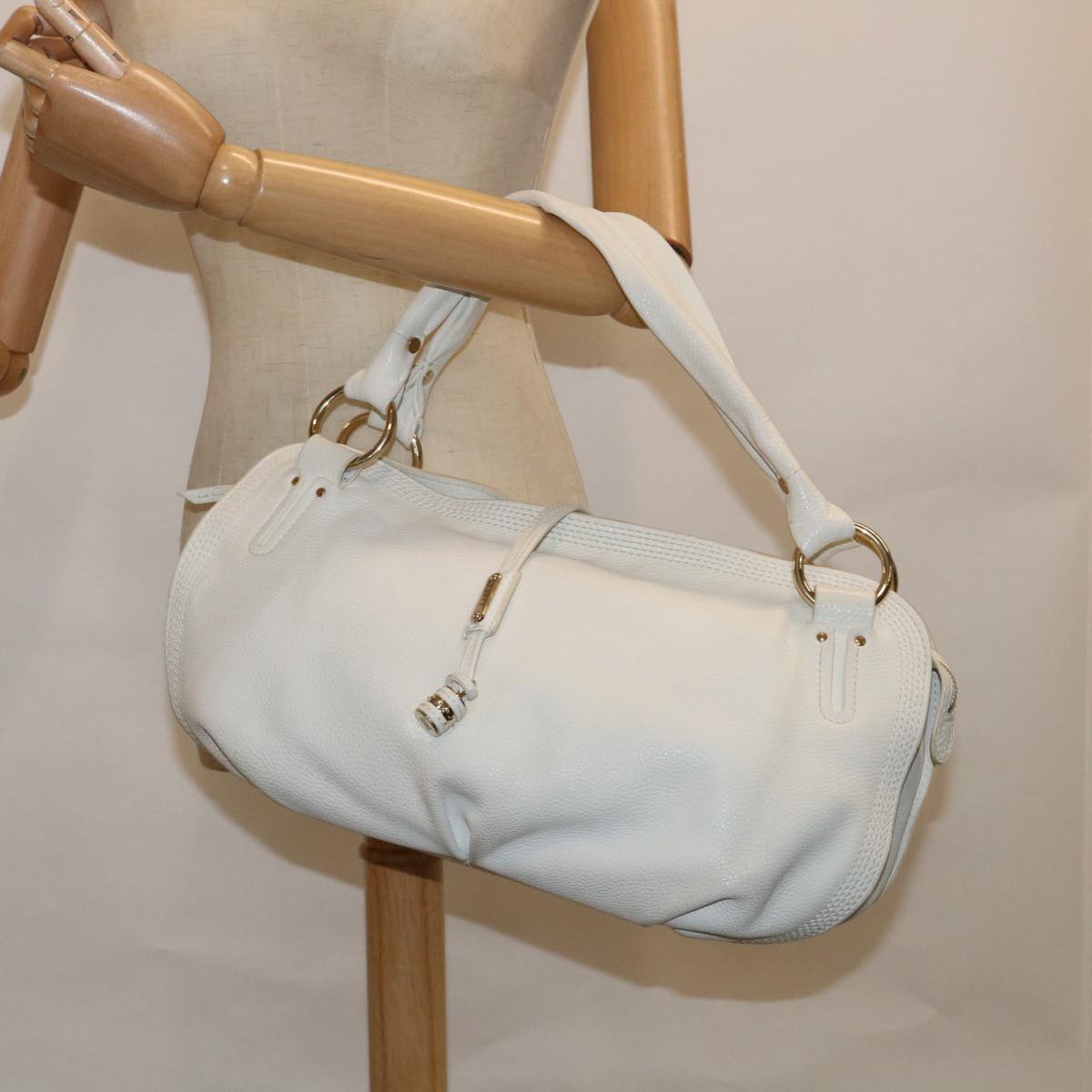 CELINE Shoulder Bag Leather White Auth ar11158B