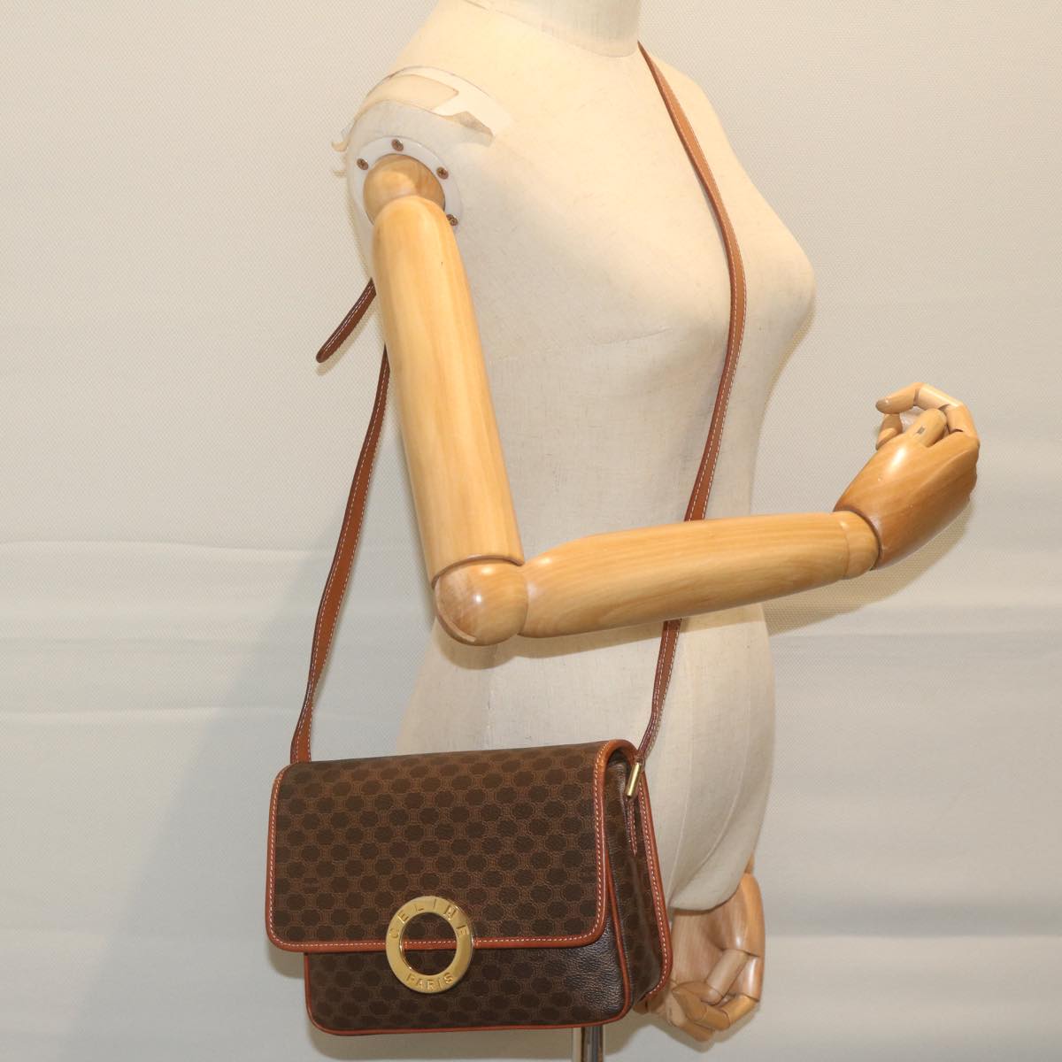 CELINE Macadam Canvas Shoulder Bag PVC Leather Brown Auth ar11187B