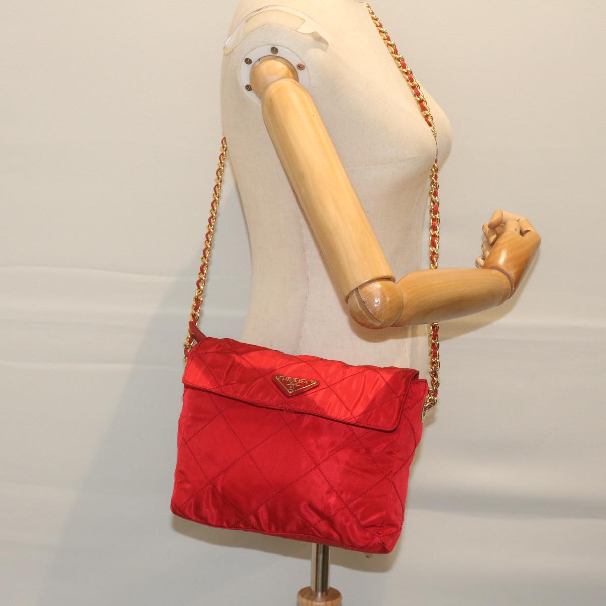 PRADA Quilted Chain Shoulder Bag Nylon Red Auth ar11217