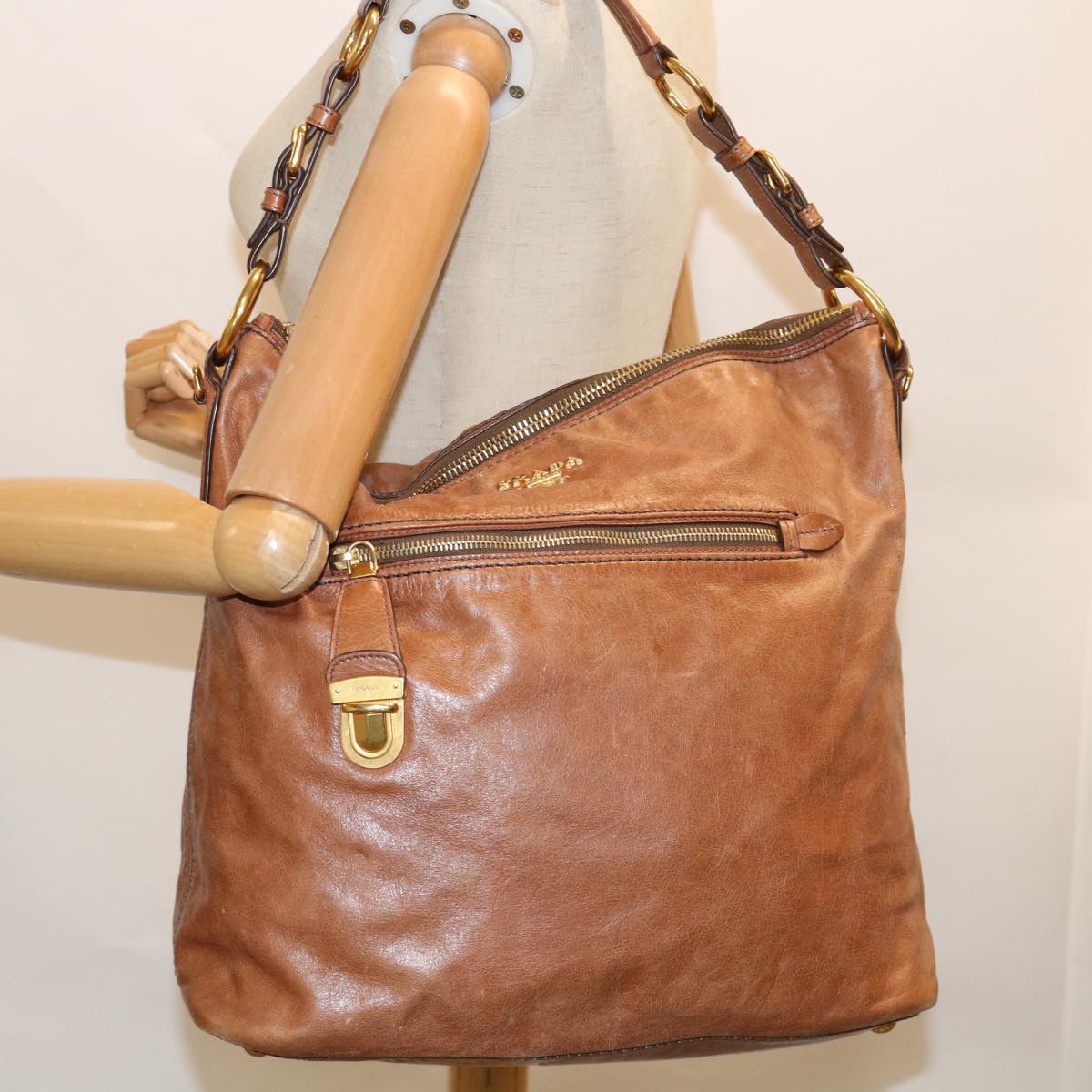 PRADA Shoulder Bag Leather Brown Auth ar11226