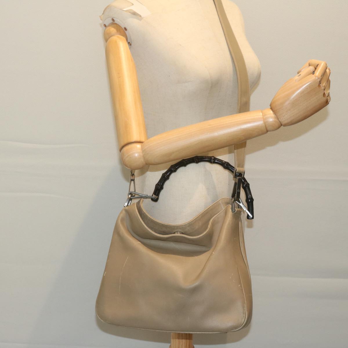 GUCCI Bamboo Shoulder Bag Leather 2way Beige Auth ar11294