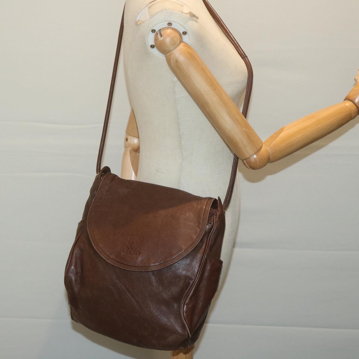 LOEWE Anagram Shoulder Bag Leather Brown Auth ar11319