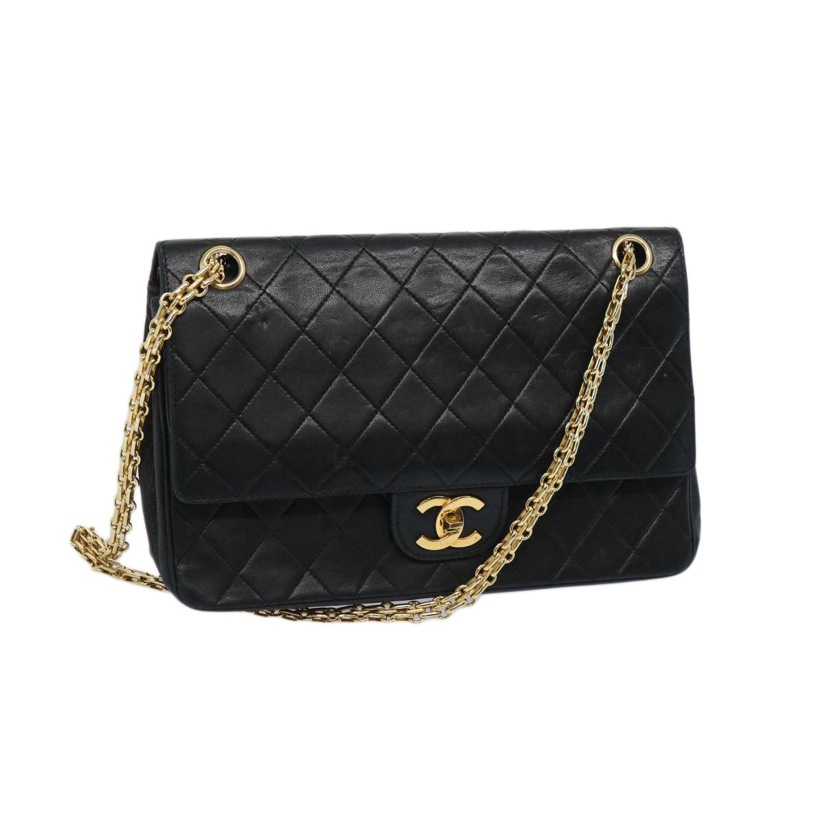 CHANEL Matelasse Turn Lock Chain Shoulder Bag Lamb Skin Black CC Auth ar11350