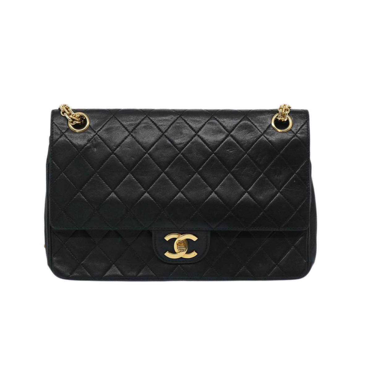 CHANEL Matelasse Turn Lock Chain Shoulder Bag Lamb Skin Black CC Auth ar11350