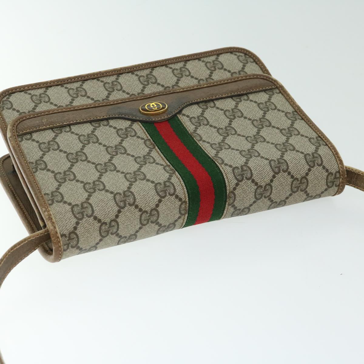 GUCCI GG Supreme Web Sherry Line Shoulder Bag PVC Red Beige Green Auth ar11402