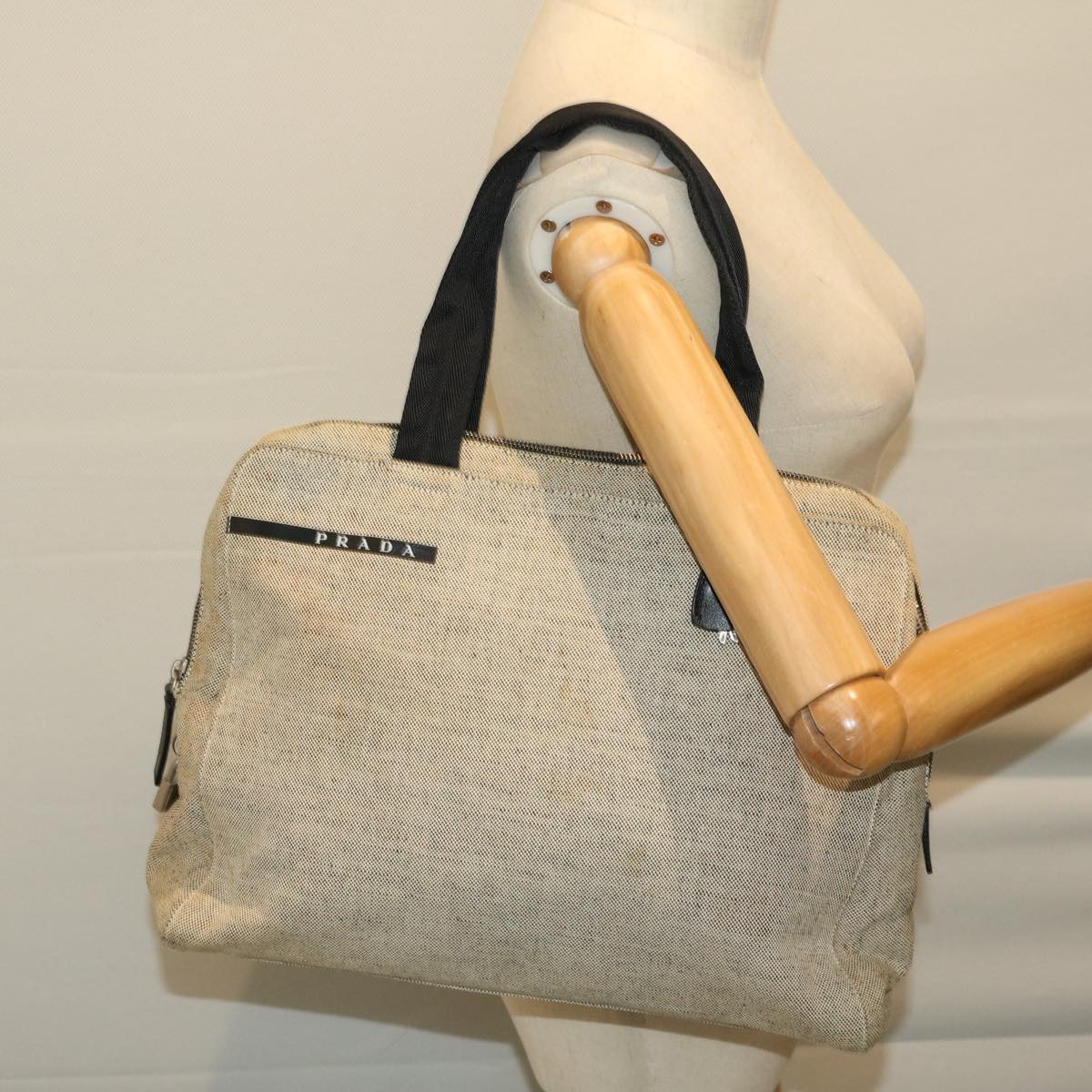 PRADA Hand Bag Canvas Beige Auth ar11418