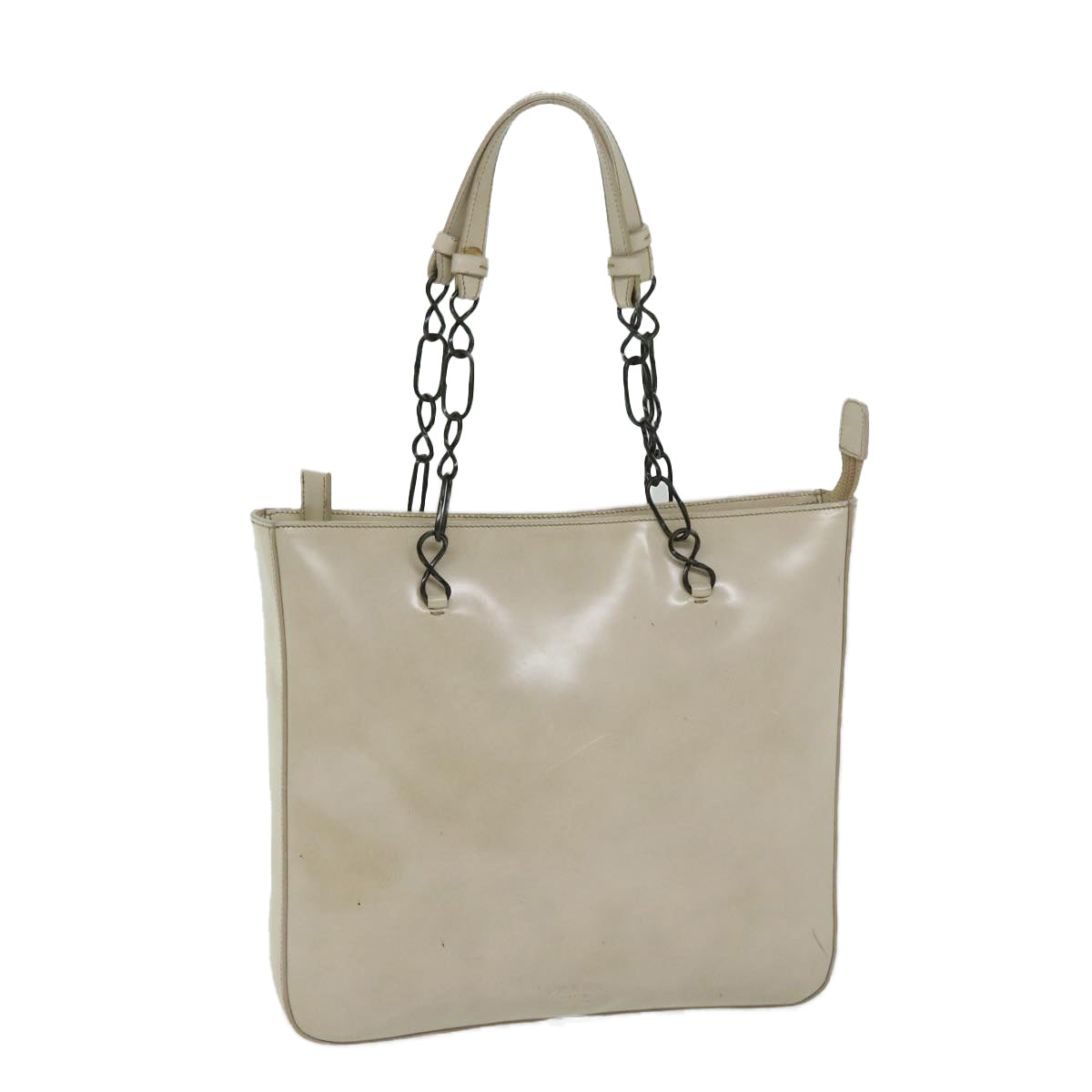 PRADA Chain Tote Bag Patent leather Beige Auth ar11492