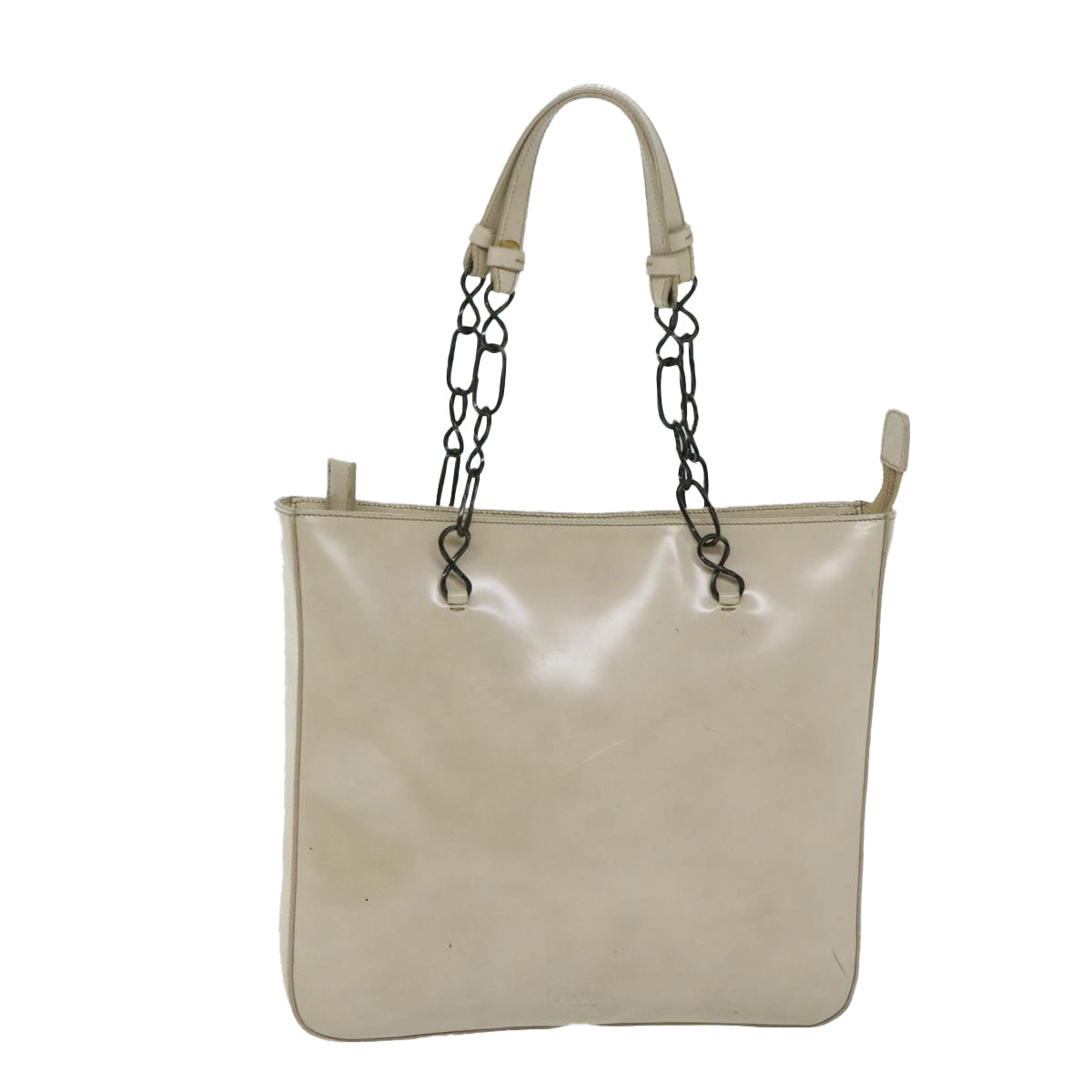 PRADA Chain Tote Bag Patent leather Beige Auth ar11492