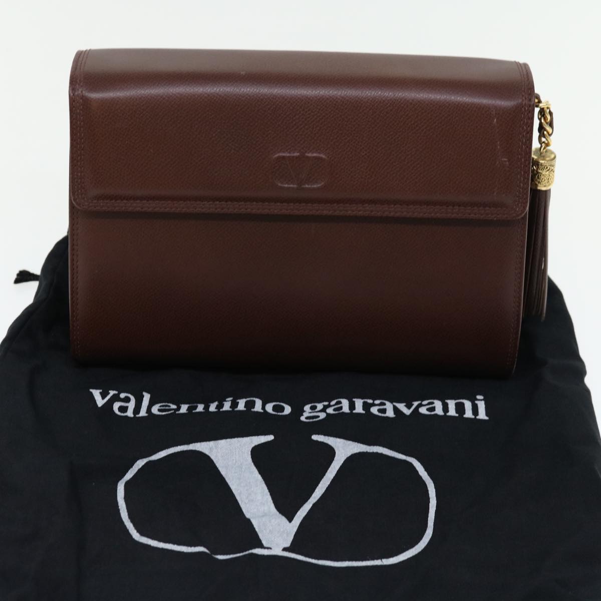 VALENTINO Clutch Bag Leather Brown Auth ar11516