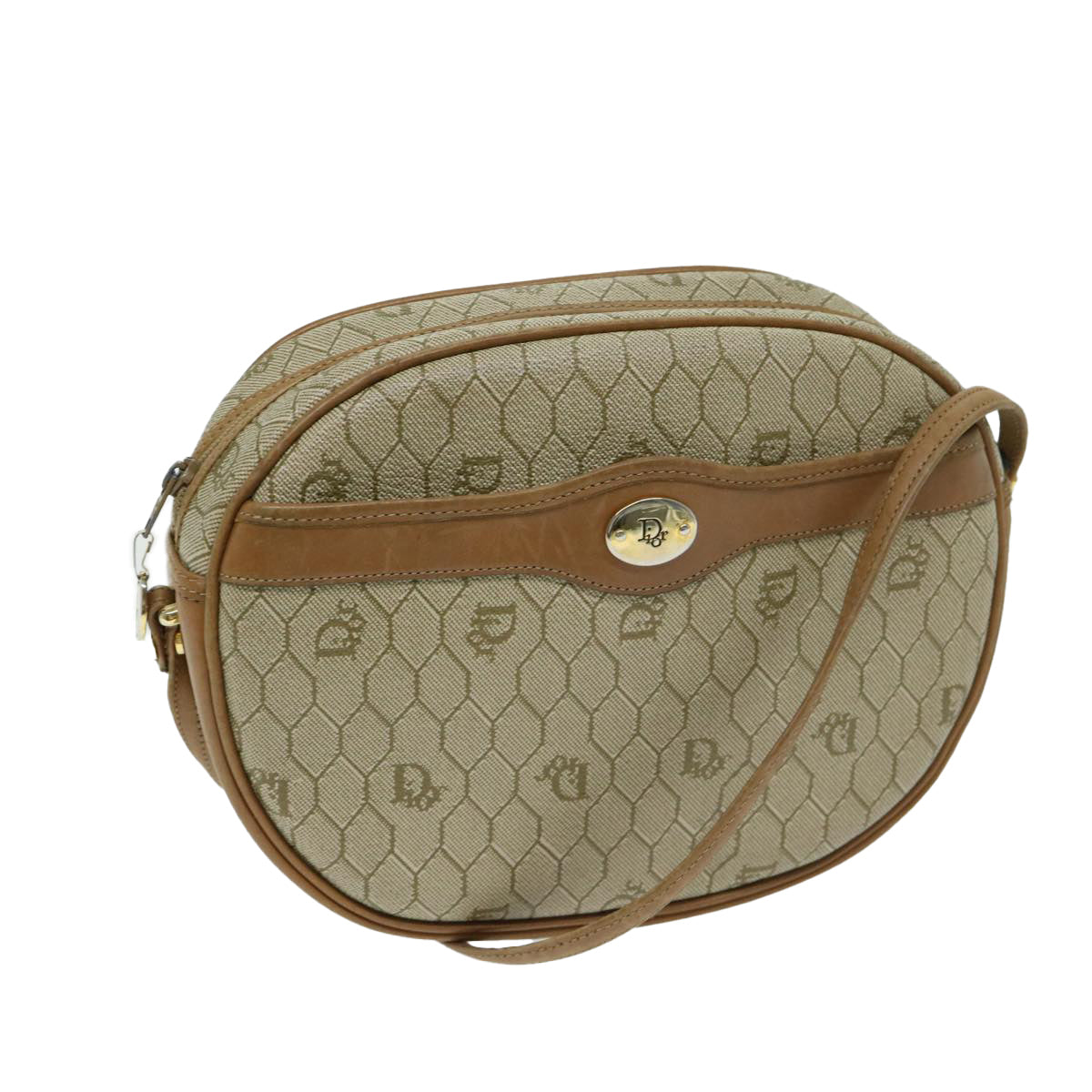 Christian Dior Honeycomb Canvas Shoulder Bag PVC Leather Beige Auth ar11540