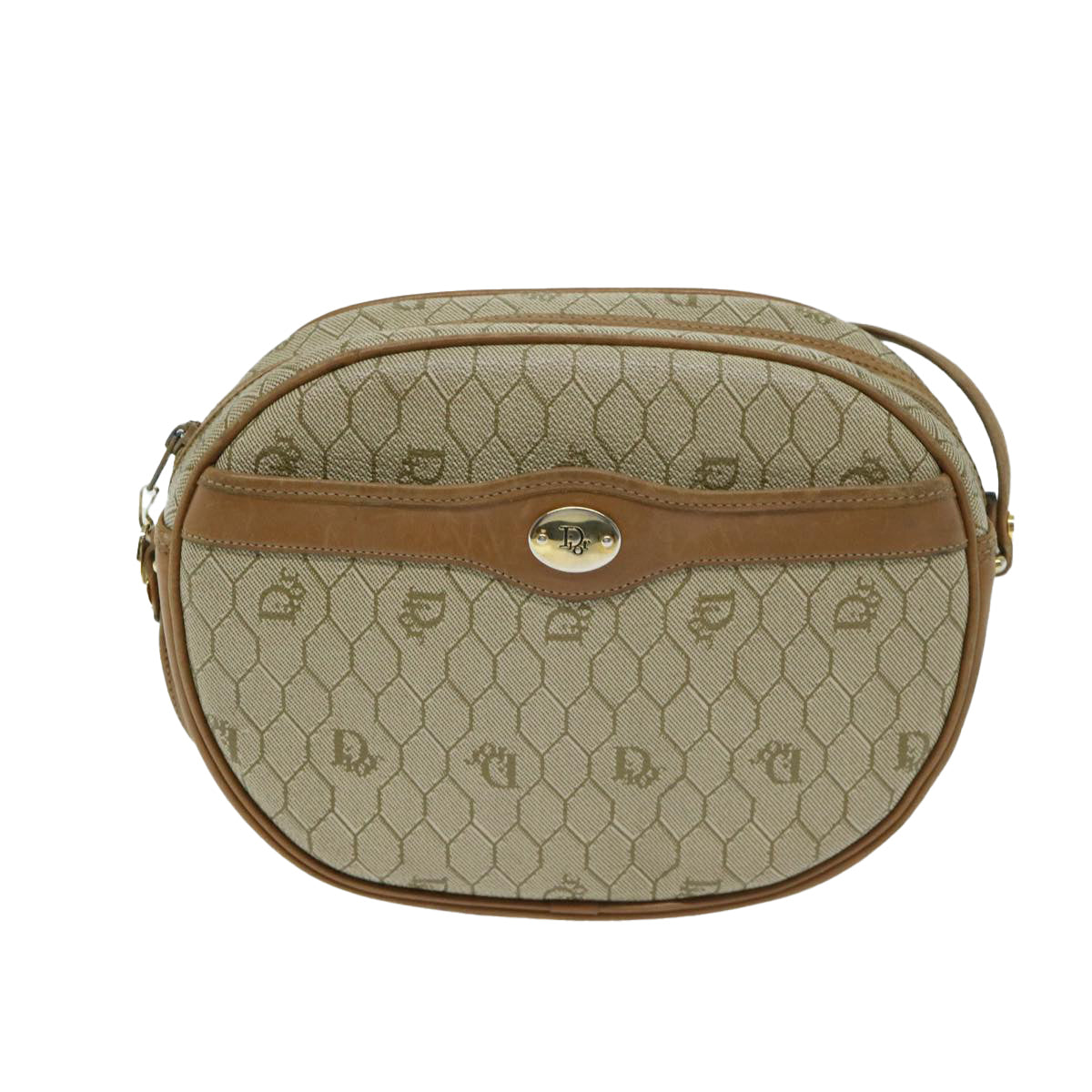 Christian Dior Honeycomb Canvas Shoulder Bag PVC Leather Beige Auth ar11540