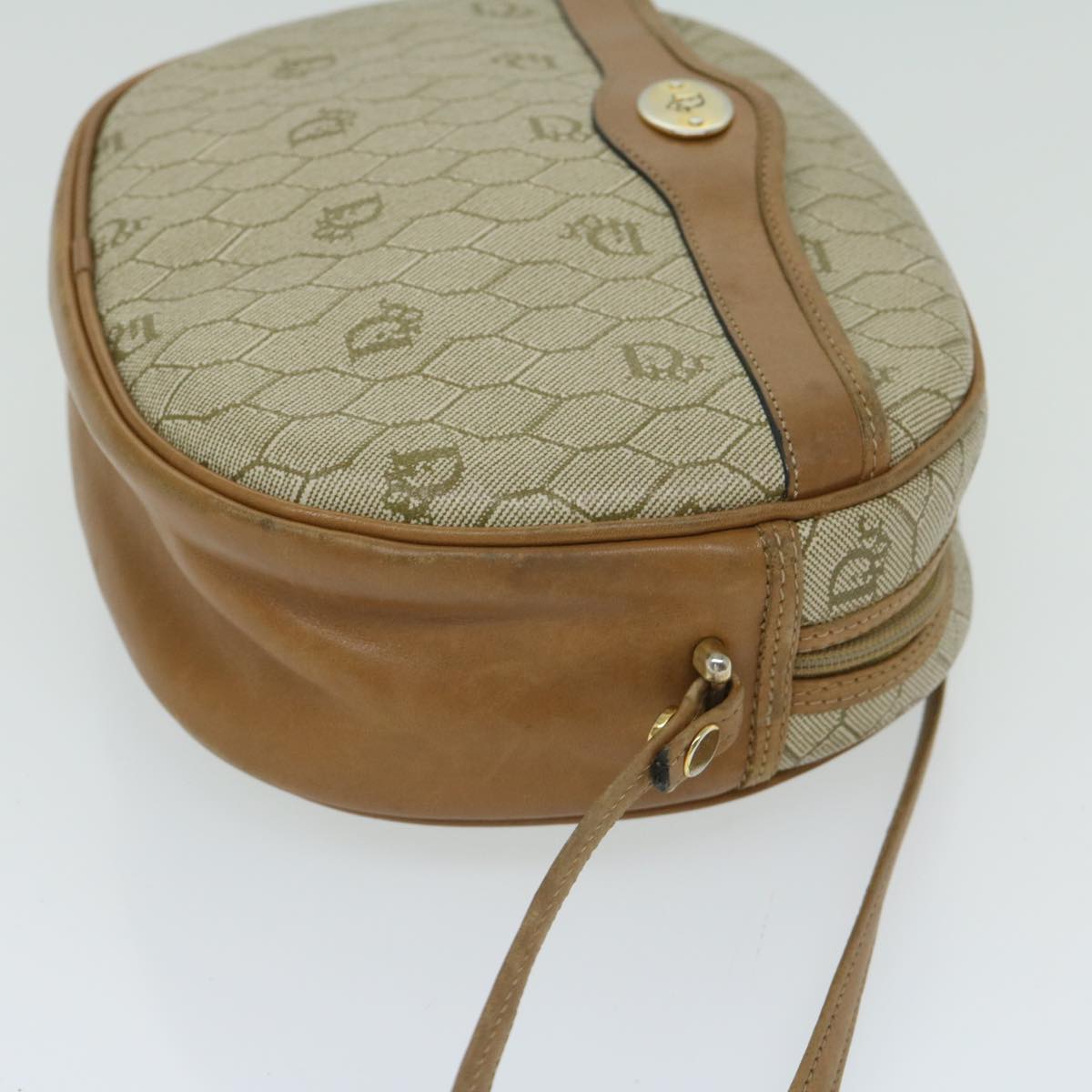 Christian Dior Honeycomb Canvas Shoulder Bag PVC Leather Beige Auth ar11540