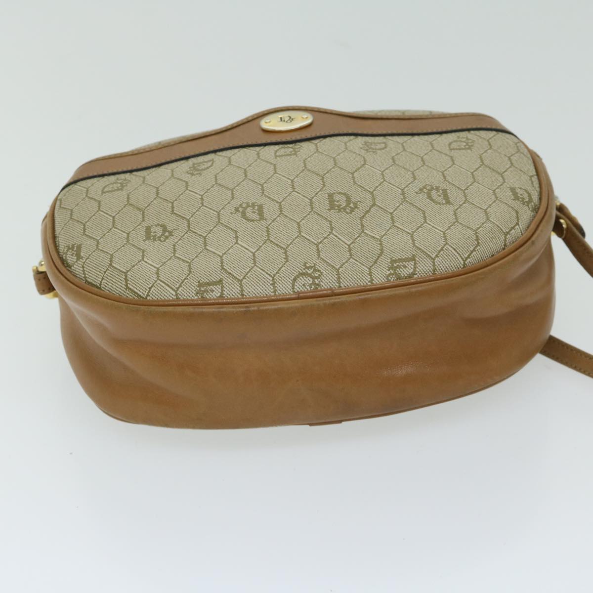 Christian Dior Honeycomb Canvas Shoulder Bag PVC Leather Beige Auth ar11540